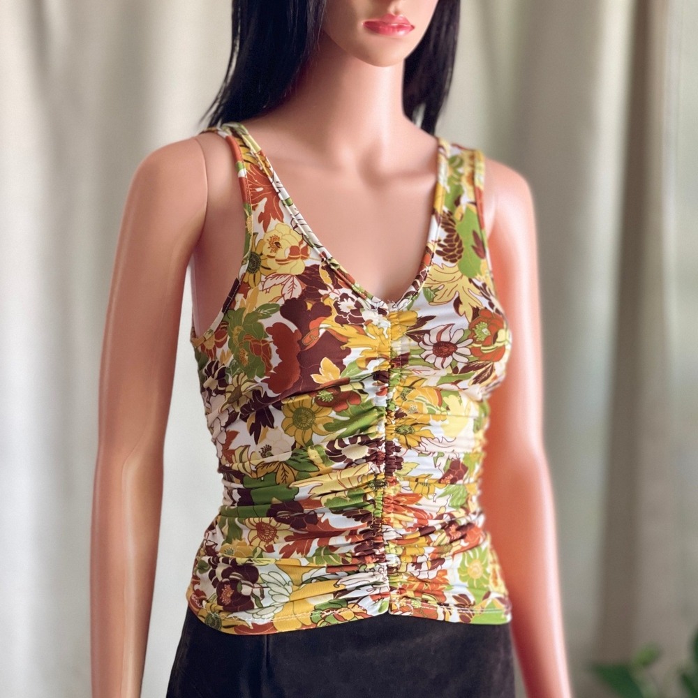 Floral Ruched V-Neck Tank Top Earth Tones Sleeveless Groovy Retro Funky Boho S